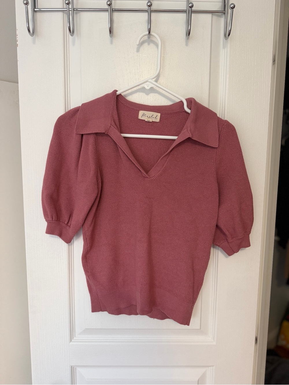 Marled Rose-Pink V-Neck Polo Knit Top